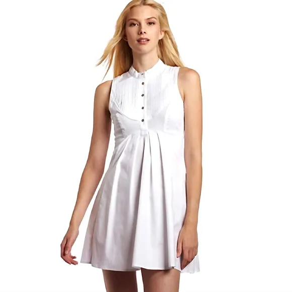 TED BAKER Raii Sleeveless White Cotton Dress 1 US XS 4 Pleated Bib Shirtdress