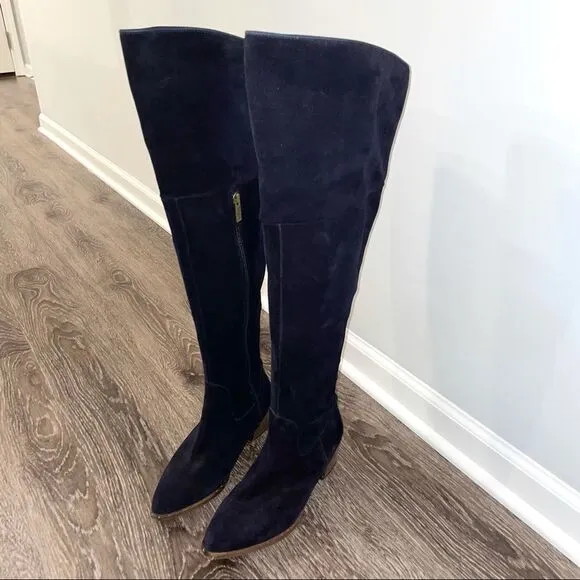 Ted &amp; Muffy navy suede over the knee pointed toe boots