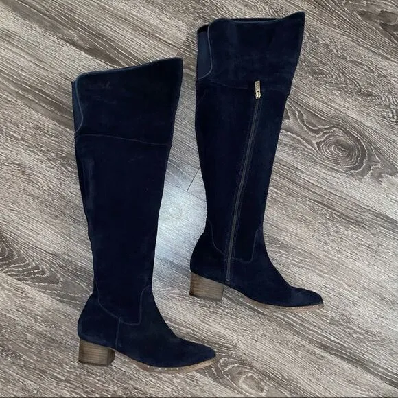 Ted &amp; Muffy navy suede over the knee pointed toe boots