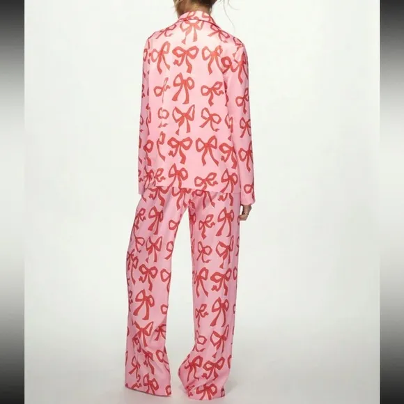 Thick satin pink button front long sleeve shirt and pants pajama lounge set