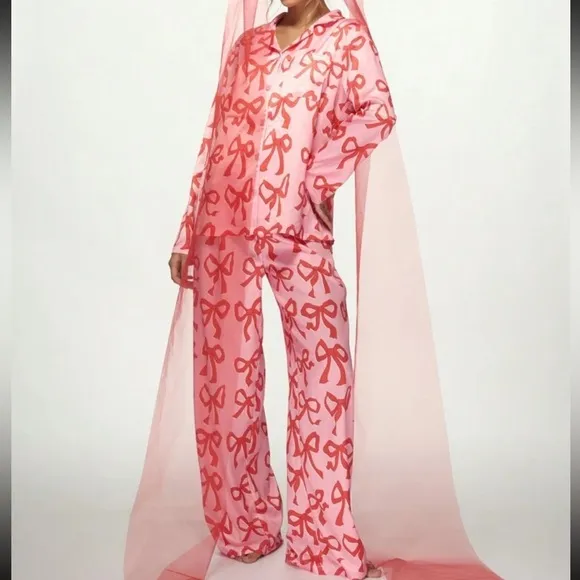 Thick satin pink button front long sleeve shirt and pants pajama lounge set