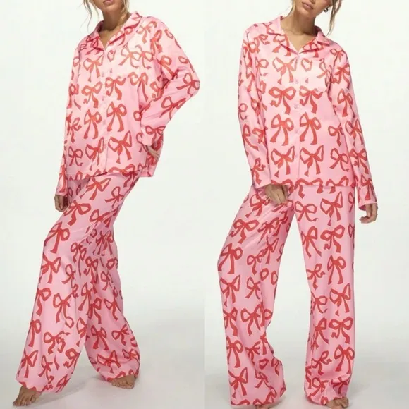 Thick satin pink button front long sleeve shirt and pants pajama lounge set