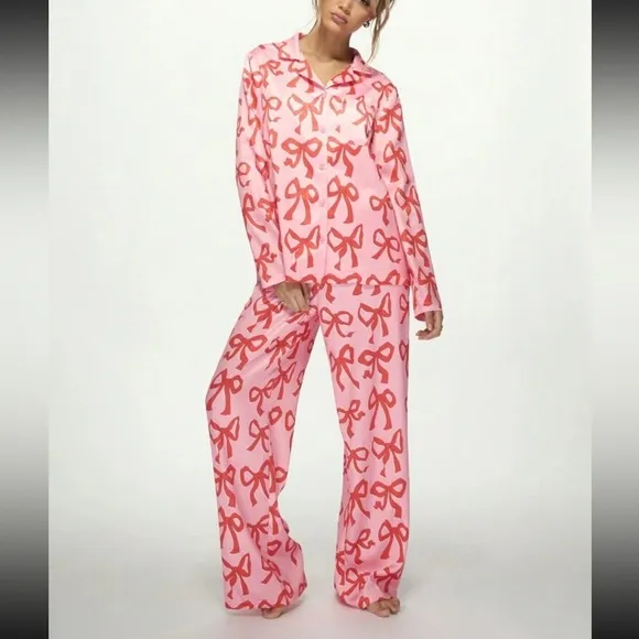 Thick satin pink button front long sleeve shirt and pants pajama lounge set