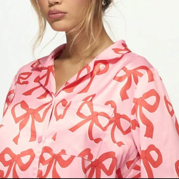Thick satin pink button front long sleeve shirt and pants pajama lounge set