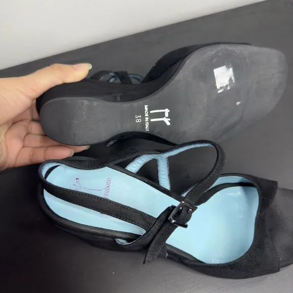 THIERRY RABOTIN Black Suede‎ Leather Slingback Wedge Sandals  Size 38/ 8