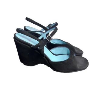 THIERRY RABOTIN Black Suede‎ Leather Slingback Wedge Sandals  Size 38/ 8
