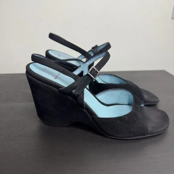 THIERRY RABOTIN Black Suede‎ Leather Slingback Wedge Sandals  Size 38/ 8