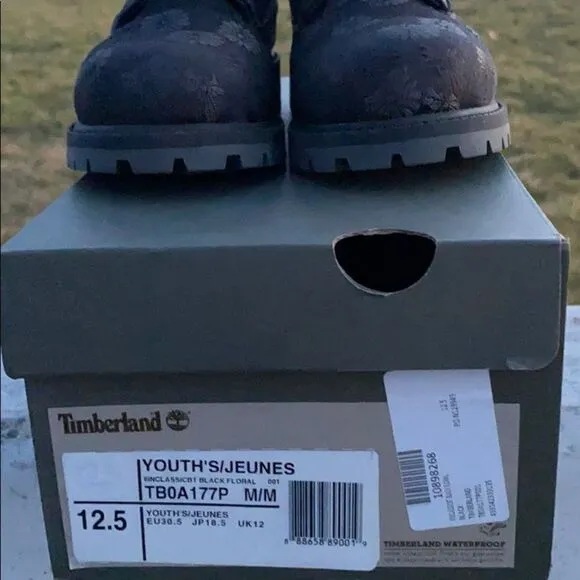 Timberland 6in Black Classic Floral Boots Size 12.5 Little Kids EUC