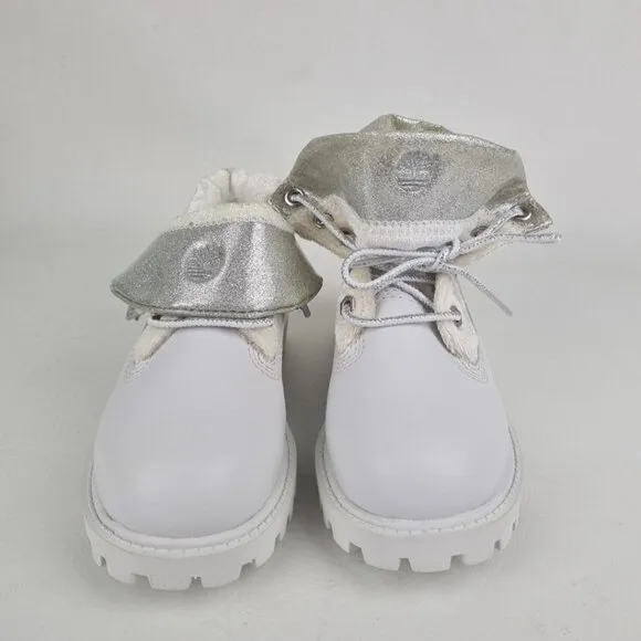 Timberland Roll Top Sweet Little Girls Boots White Silver Leather SZ 12