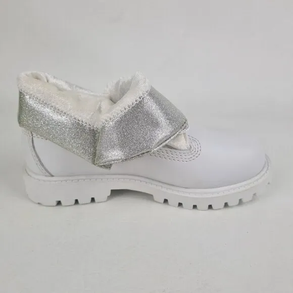 Timberland Roll Top Sweet Little Girls Boots White Silver Leather SZ 12
