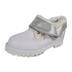 Timberland Roll Top Sweet Little Girls Boots White Silver Leather SZ 12
