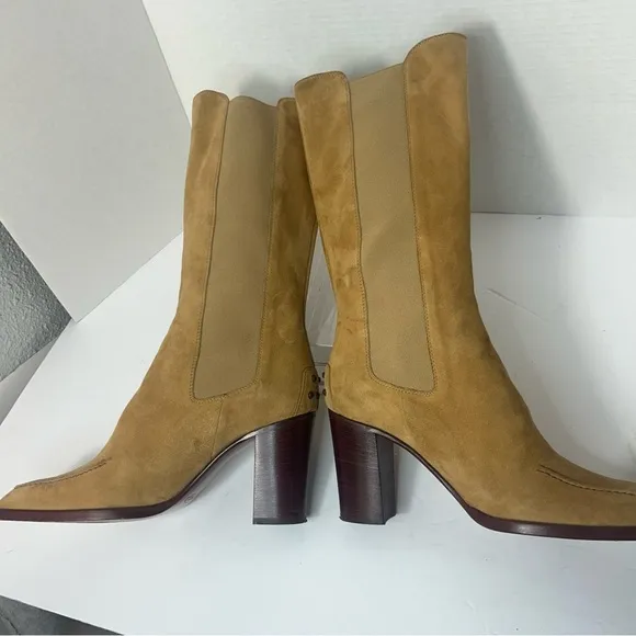 TODS England Women’s Suede Leather Boots Pull On 3” Heel Brown Tan Classic