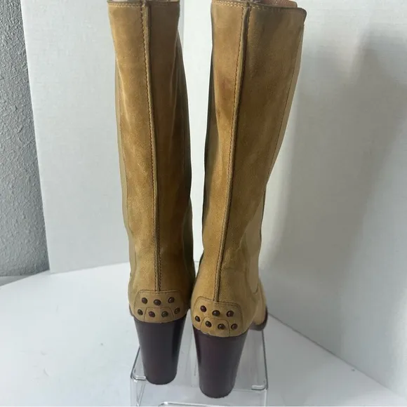 TODS England Women’s Suede Leather Boots Pull On 3” Heel Brown Tan Classic