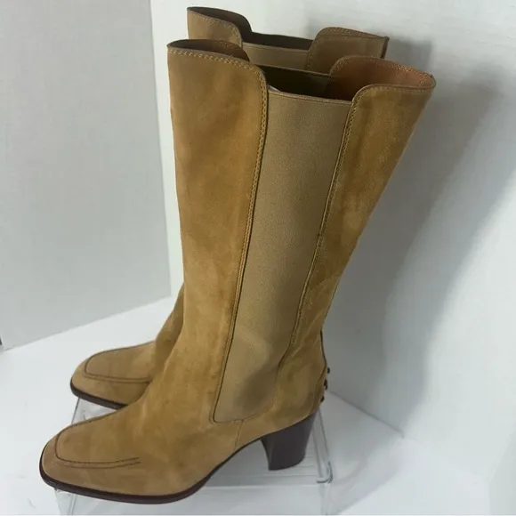 TODS England Women’s Suede Leather Boots Pull On 3” Heel Brown Tan Classic