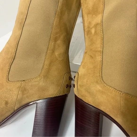 TODS England Women’s Suede Leather Boots Pull On 3” Heel Brown Tan Classic