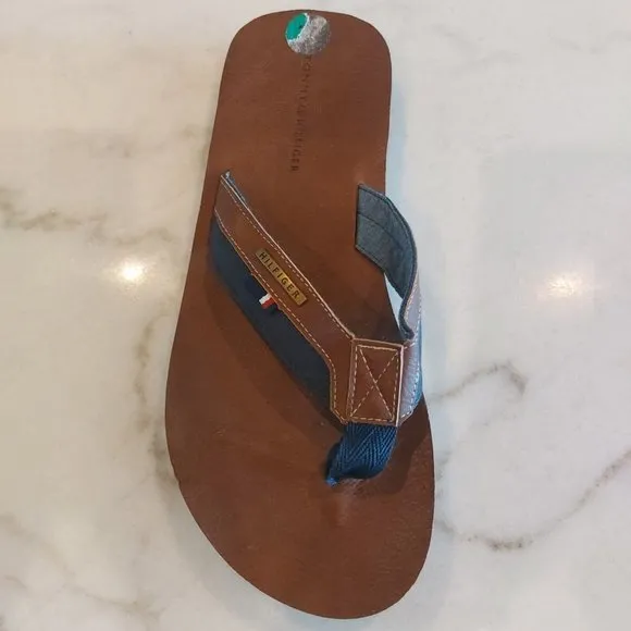 Tommy‎ Hilfiger Drake-T Men's Flip Flops Flat Sandals Cognac Faux Leather Sz 12