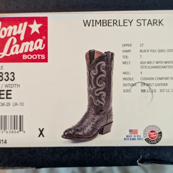 Tony Lama Black and Silver Cowboy Boots with Intricate Design. Ful Quill Ostrich