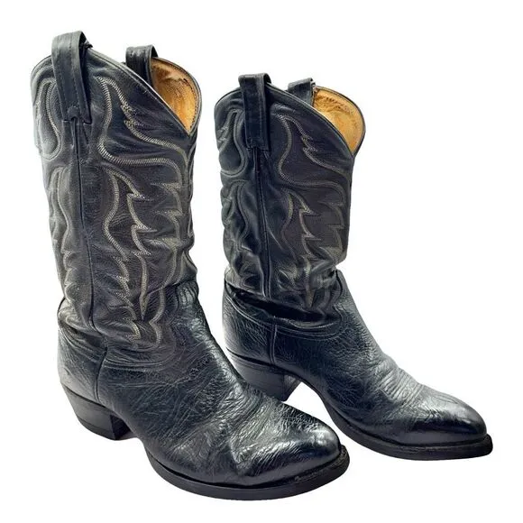 Tony Lama Mens Black Leather Cowboy Boots Size 9.5 EE Rodeo Worn Western Classic