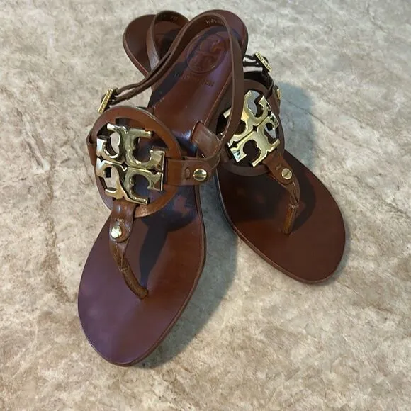 TORY BURCH Brown Leather Kitten Heel Sandals 7