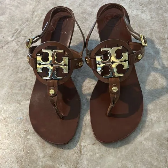 TORY BURCH Brown Leather Kitten Heel Sandals 7