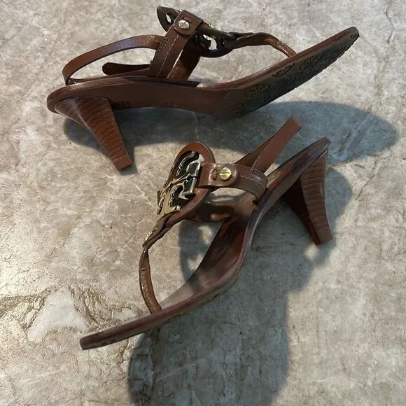 TORY BURCH Brown Leather Kitten Heel Sandals 7