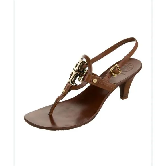 TORY BURCH Brown Leather Kitten Heel Sandals 7