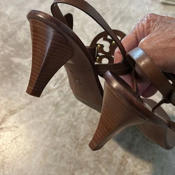 TORY BURCH Brown Leather Kitten Heel Sandals 7