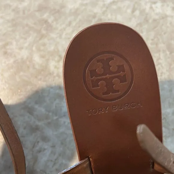 TORY BURCH Brown Leather Kitten Heel Sandals 7