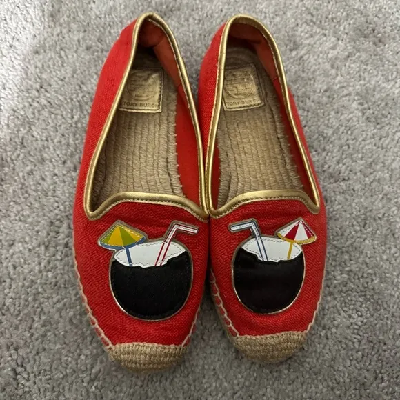 Tory Burch Flats 7.5 Samba Linen Piña Colada Coconut Slip On Espadrille Loafers