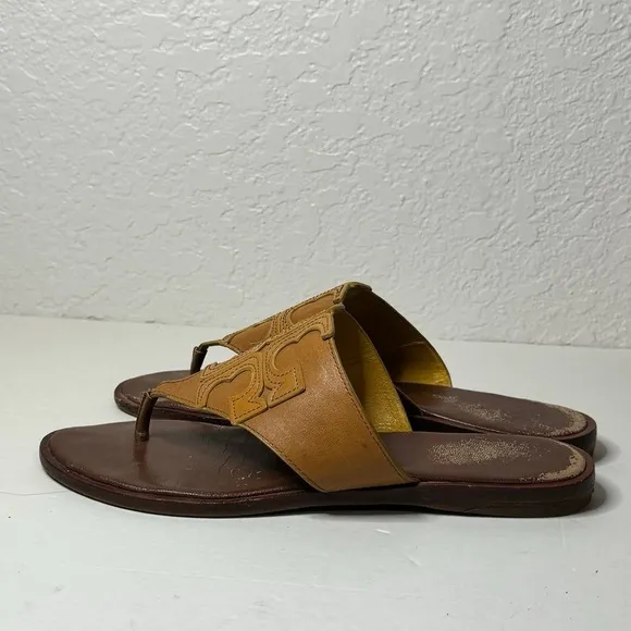 TORY BURCH Jamie Full Logo Leather Thong Sandals in Royal Tan 9 US