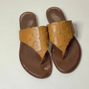 TORY BURCH Jamie Full Logo Leather Thong Sandals in Royal Tan 9 US