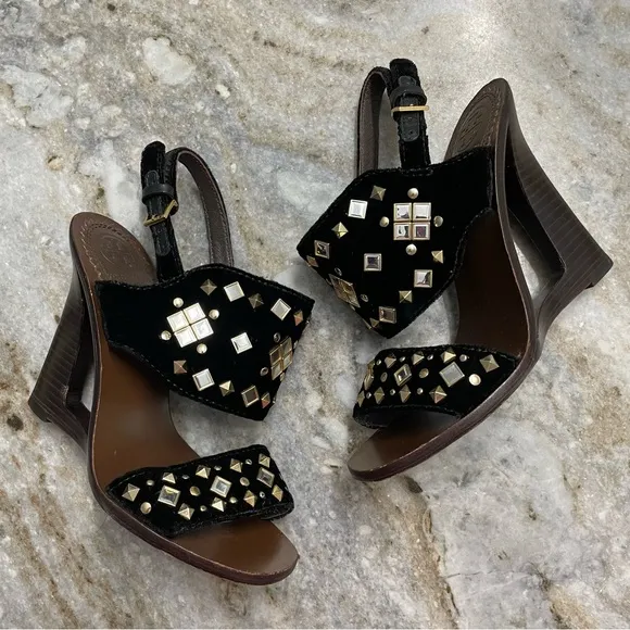 Tory Burch Kingsbridge Black Velvet Studded Wedge Sandals