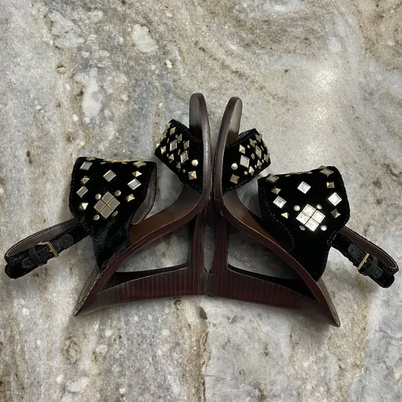 Tory Burch Kingsbridge Black Velvet Studded Wedge Sandals