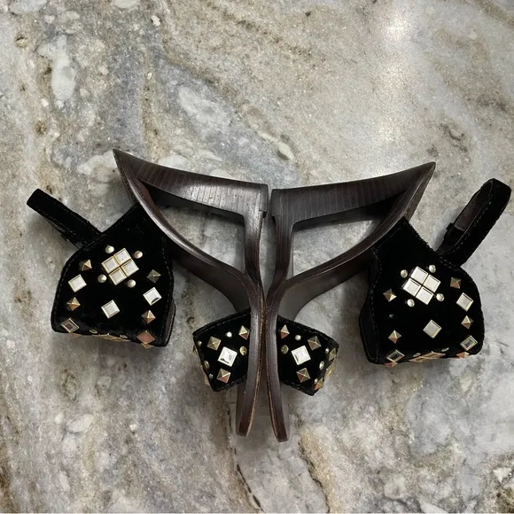 Tory Burch Kingsbridge Black Velvet Studded Wedge Sandals