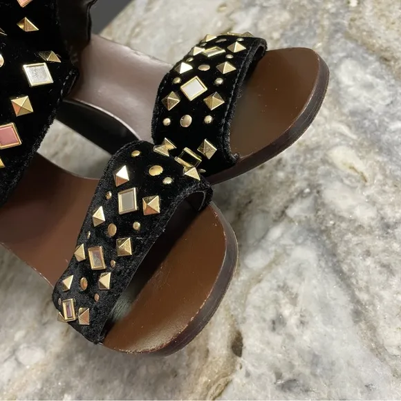 Tory Burch Kingsbridge Black Velvet Studded Wedge Sandals