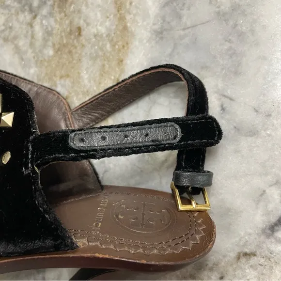 Tory Burch Kingsbridge Black Velvet Studded Wedge Sandals