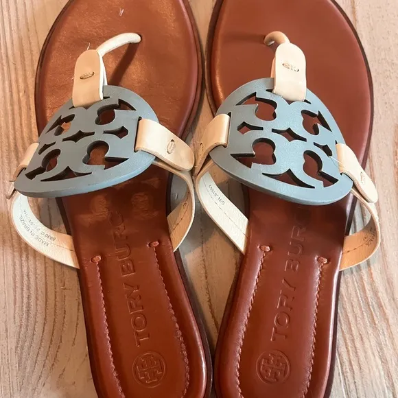 Tory Burch Millar sandals soft leather blue and cream size 7 excellent condition