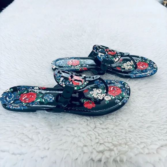 Tory Burch Miller Patent Leather Navy base Multicolor Rose Sandals size 7 M