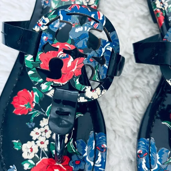 Tory Burch Miller Patent Leather Navy base Multicolor Rose Sandals size 7 M