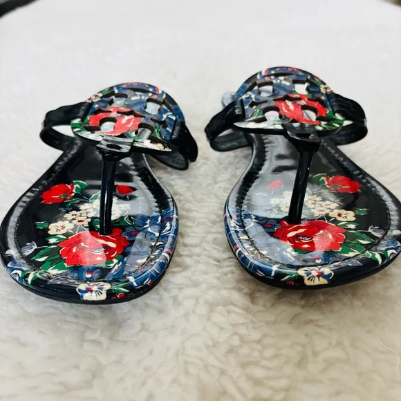 Tory Burch Miller Patent Leather Navy base Multicolor Rose Sandals size 7 M