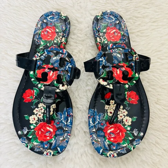 Tory Burch Miller Patent Leather Navy base Multicolor Rose Sandals size 7 M