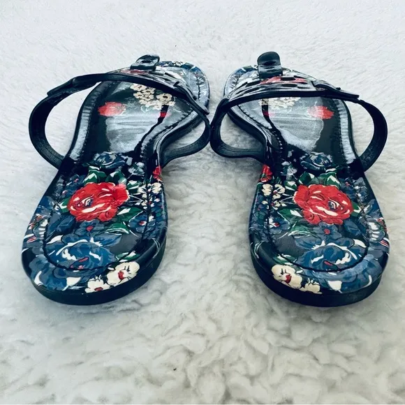 Tory Burch Miller Patent Leather Navy base Multicolor Rose Sandals size 7 M