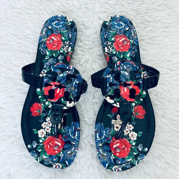 Tory Burch Miller Patent Leather Navy base Multicolor Rose Sandals size 7 M