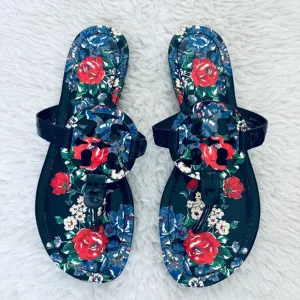 Tory Burch Miller Patent Leather Navy base Multicolor Rose Sandals size 7 M