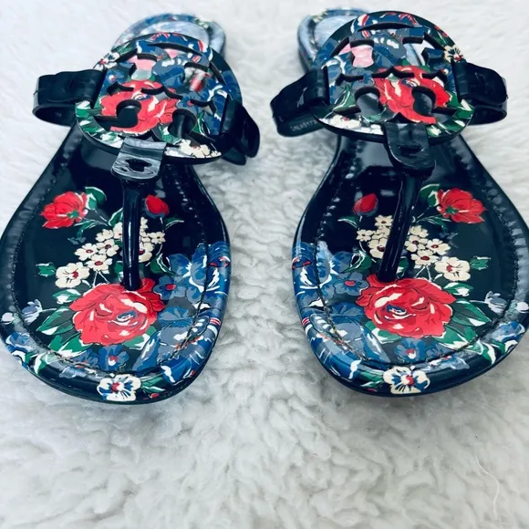 Tory Burch Miller Patent Leather Navy base Multicolor Rose Sandals size 7 M