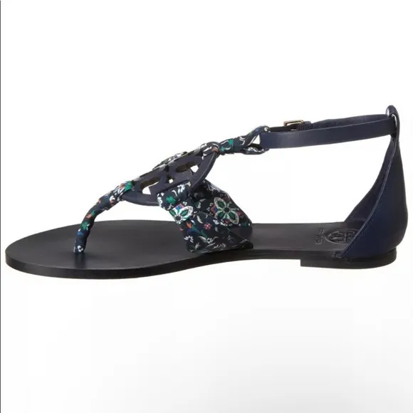 Tory Burch Miller Scarf Sandals Leather Size 9 Royal Navy Blue Floral Satin Logo
