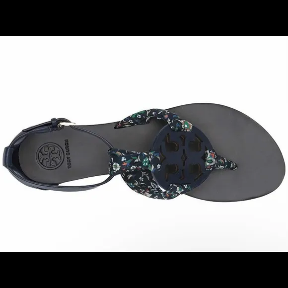 Tory Burch Miller Scarf Sandals Leather Size 9 Royal Navy Blue Floral Satin Logo