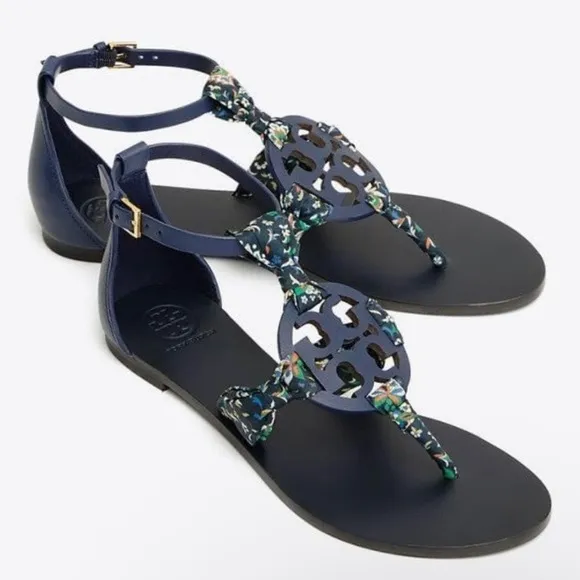 Tory Burch Miller Scarf Sandals Leather Size 9 Royal Navy Blue Floral Satin Logo