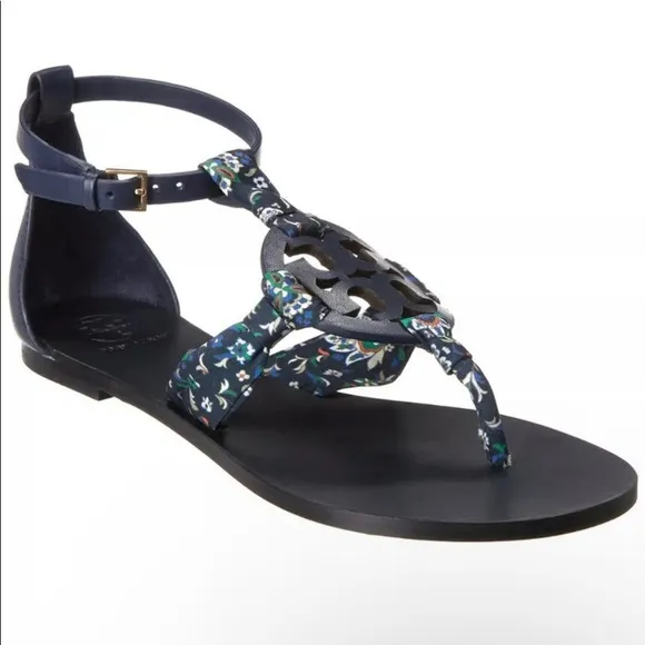 Tory Burch Miller Scarf Sandals Leather Size 9 Royal Navy Blue Floral Satin Logo