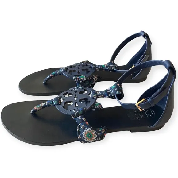 Tory Burch Miller Scarf Sandals Leather Size 9 Royal Navy Blue Floral Satin Logo